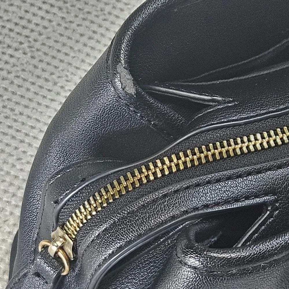 Nine West Black Pebbled Faux Leather Satchel Bag Gold Hardware Three Compartment
